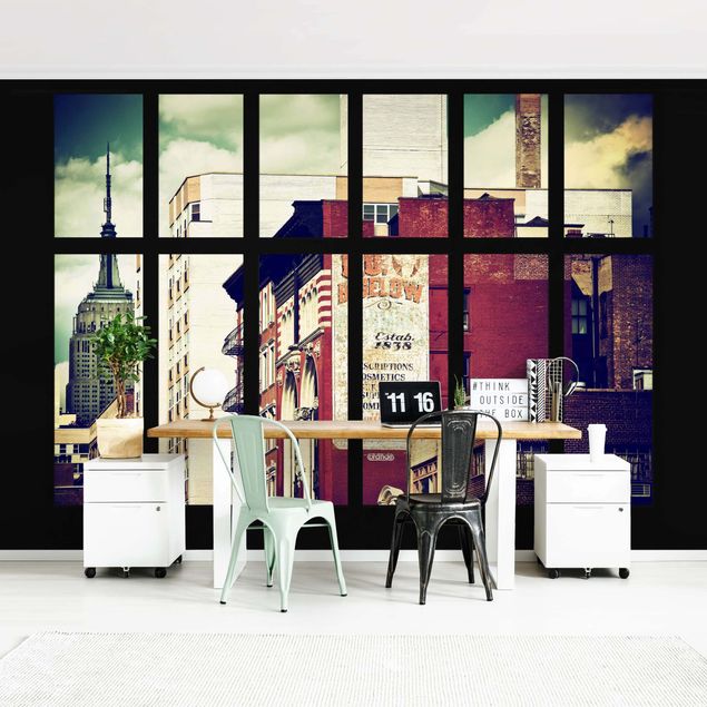 3D Tapete Fensterblick auf New York Gebäude Vintage