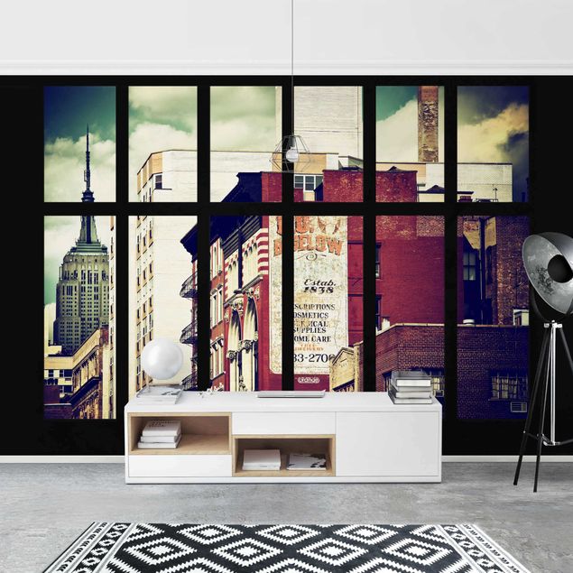 Retro Tapete Fensterblick auf New York Gebäude Vintage