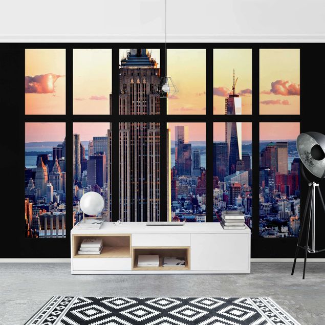 3D Wandtapete Fensterblick Empire State Building Sonnenuntergang
