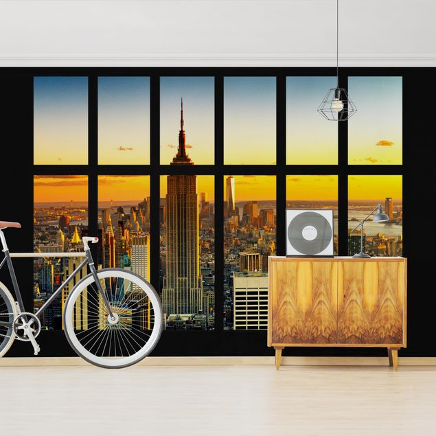 3D Tapete Fensterblick Manhattan Skyline Sonnenuntergang