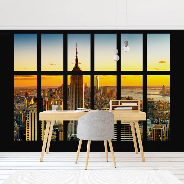 Fototapete Städte Fensterblick Manhattan Skyline Sonnenuntergang