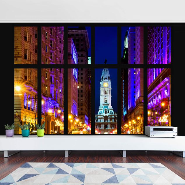 Fototapete Design Fensterblick Philadelphia Rathaus bei Nacht