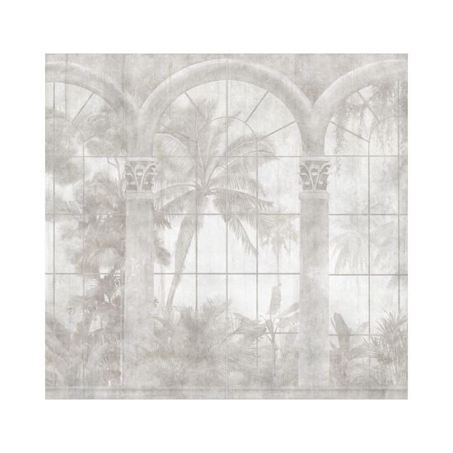 Duschrückwand Weiß Fensterbögen zum Tropenwald