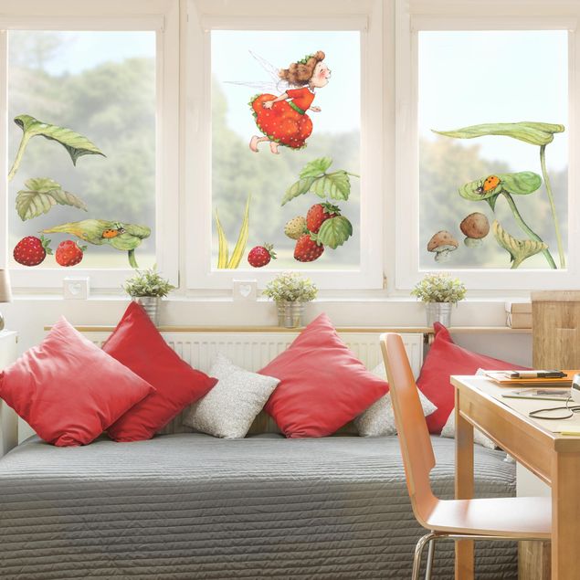 Fensterfolie Fenstersticker - Erdbeerinchen Erdbeerfee - Blätter und Erdbeeren