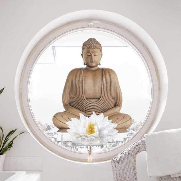 Fensterbilder selbstklebend Blumen Lotus Holz Buddha