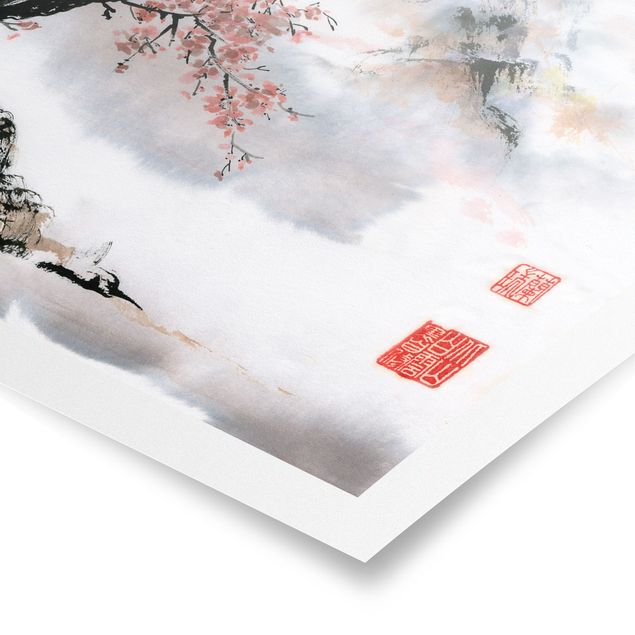 Poster bestellen Japanische Aquarell Zeichnung Kirschbaum und Berge