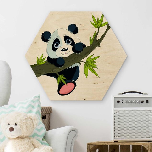 Moderne Holzbilder Kletternder Panda