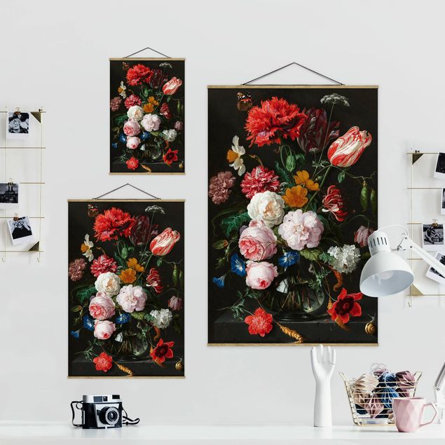 Stoffbild mit Posterleisten - Jan Davidsz de Heem - Stillleben mit Blumen in einer Glasvase - Hochformat 2:3