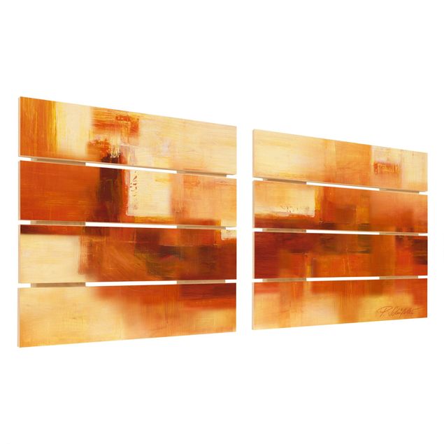 Holzbild 2-teilig - Petra Schüßler - Petra Schüßler - Komposition in Orange und Braun - Quadrate 1:1