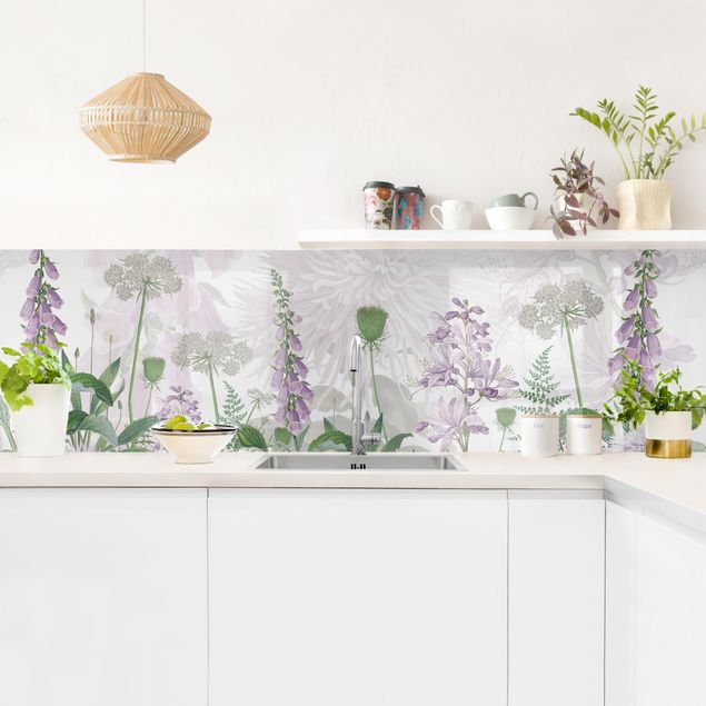 Küchenrückwand Glas Blumen Fingerhut in zarter Blumenwiese
