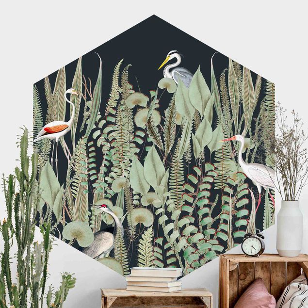 Hexagon Mustertapete selbstklebend - Flamingo und Storch mit Pflanzen auf Grün
