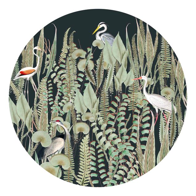 Chinoiserie Tapete Flamingo und Storch mit Pflanzen auf Grün