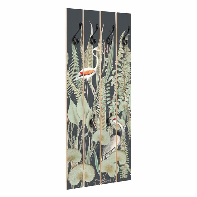 Wandgarderobe Holzpalette - Flamingo und Storch mit Pflanzen auf Grün
