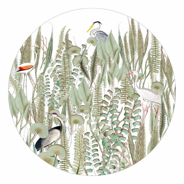Runde Tapete selbstklebend - Flamingo und Storch mit Pflanzen