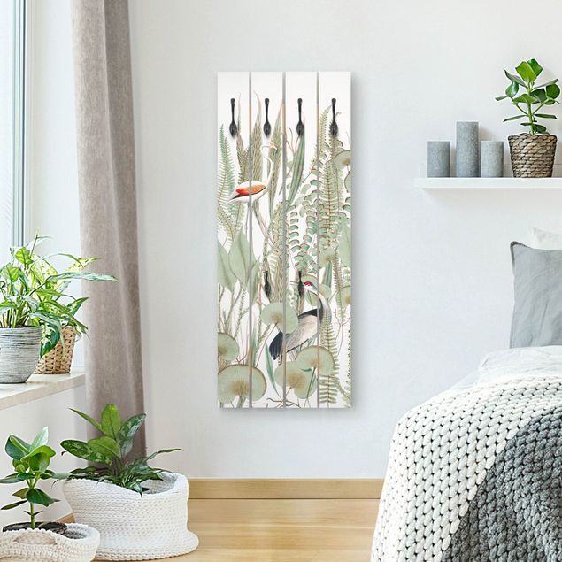 Wandgarderobe Holzpalette - Flamingo und Storch mit Pflanzen