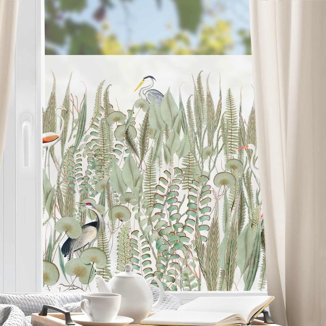 Fensterbild Tiere Flamingo und Storch mit Pflanzen