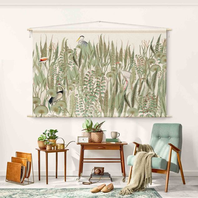 Wandbehang modern Flamingo und Storch mit Pflanzen