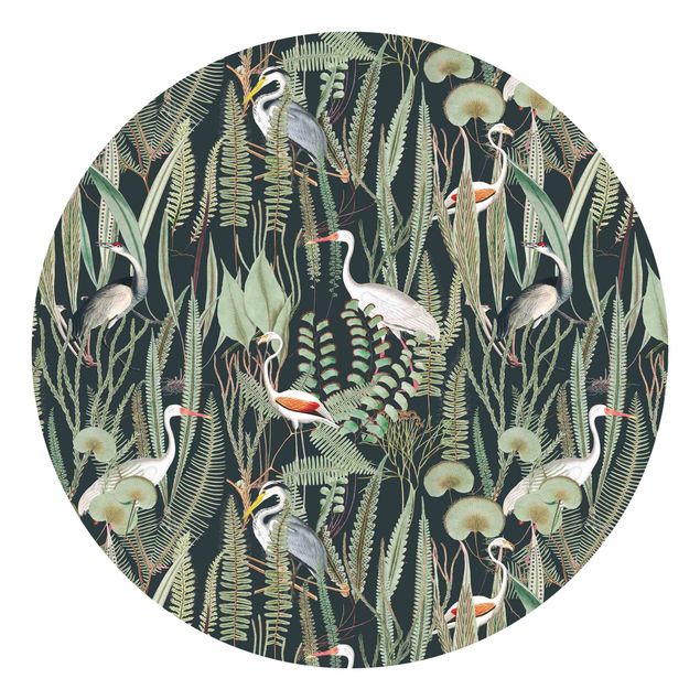 Tapete Vögel Flamingos und Störche mit Pflanzen auf Grün