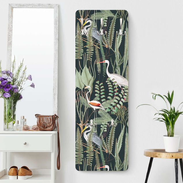 Garderobenpaneel Flamingos und Störche mit Pflanzen auf Grün