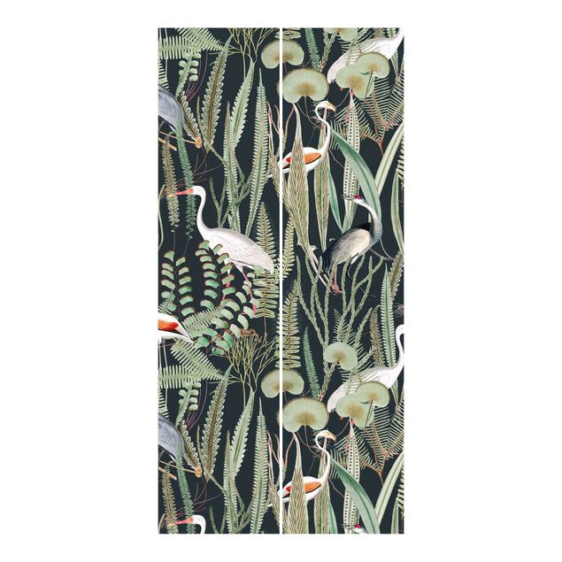 Schiebegardinen Set - Flamingos und Störche mit Pflanzen auf Grün - Flächenvorhang