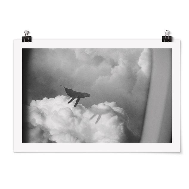 Wandposter Schwarz-Weiß Fliegender Wal in den Wolken