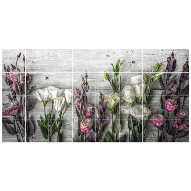 Fliesenfolie grau Tulpen-Rose Shabby Holzoptik