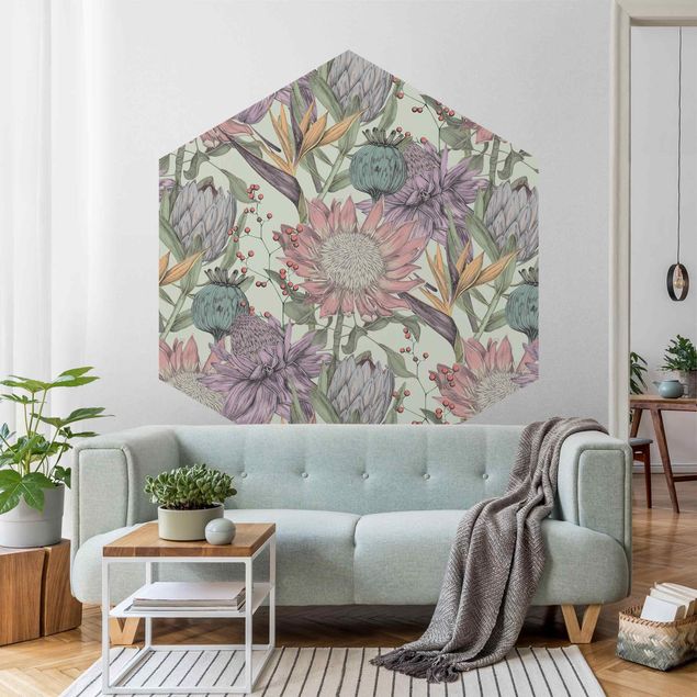Landhaus Tapete Florale Eleganz in Pastell auf Mint XXL