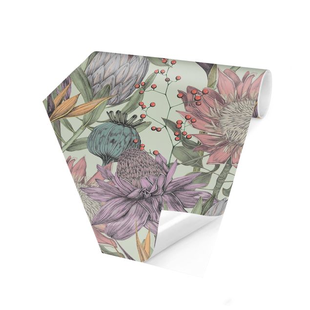 Design Tapete Florale Eleganz in Pastell auf Mint XXL