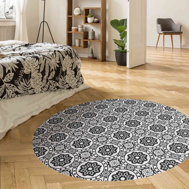 Vinyl Teppich Fliesenoptik Florale Fliesen schwarz-weiß