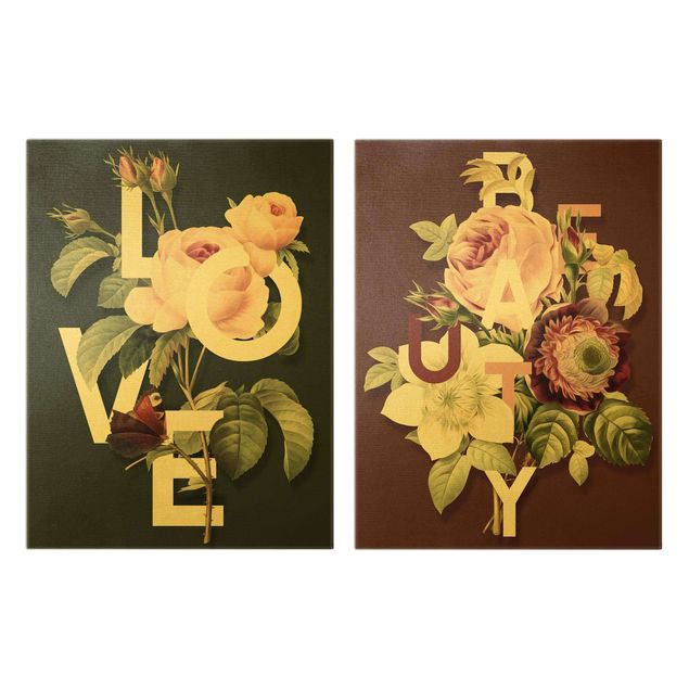 Leinwandbild 2-teilig - Florale Typografie - Love & Beauty