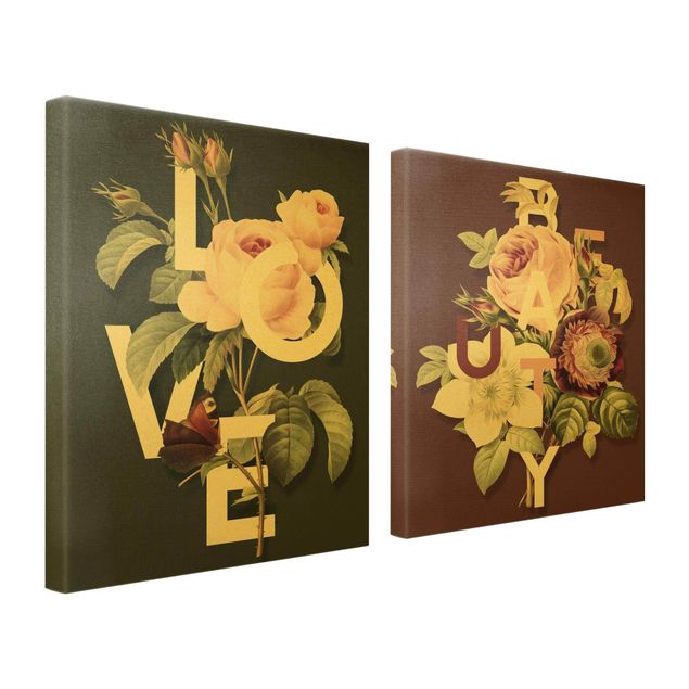 Leinwandbild 2-teilig - Florale Typografie - Love & Beauty