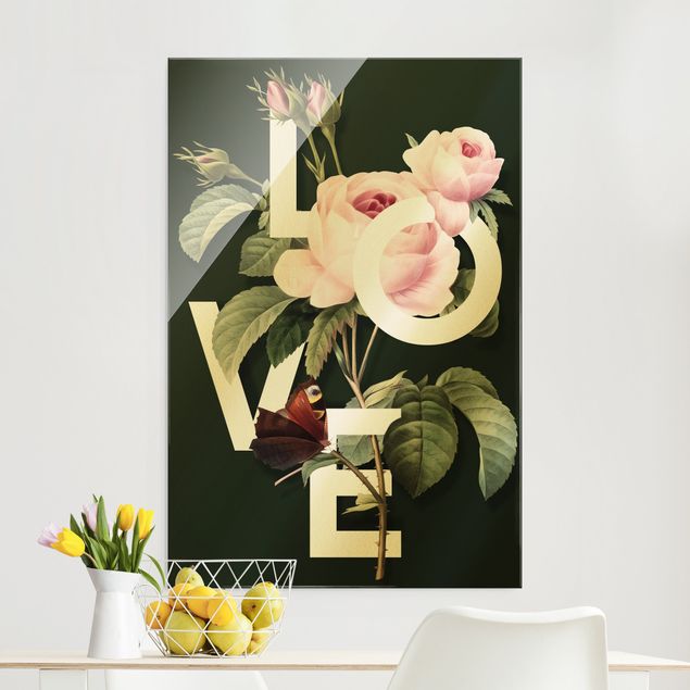 Glasbilder Rose Florale Typografie - Love