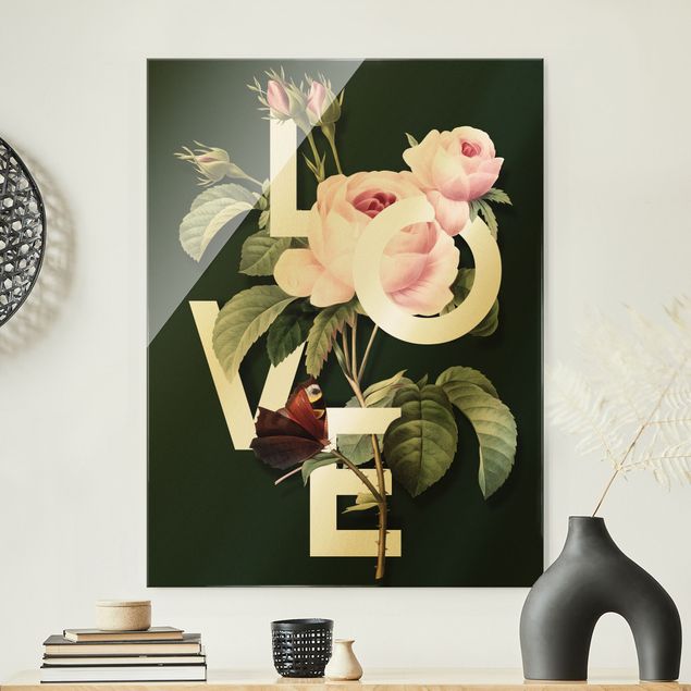 Glasbild Rose Florale Typografie - Love