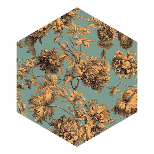 Design Tapete Floraler Kupferstich Goldblau