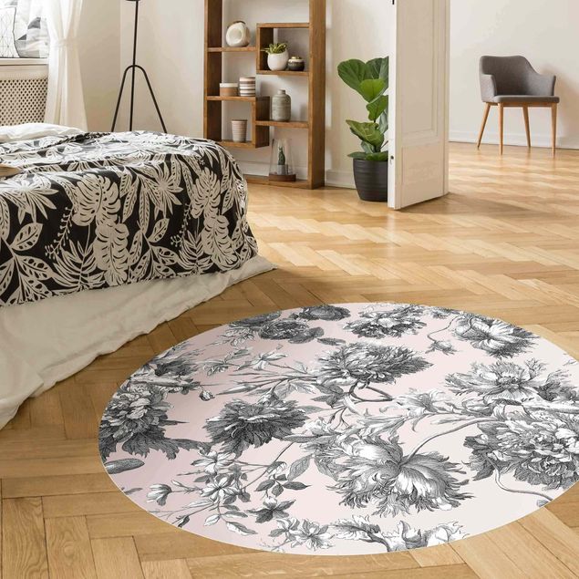 Moderne Teppiche Floraler Kupferstich Graubeige
