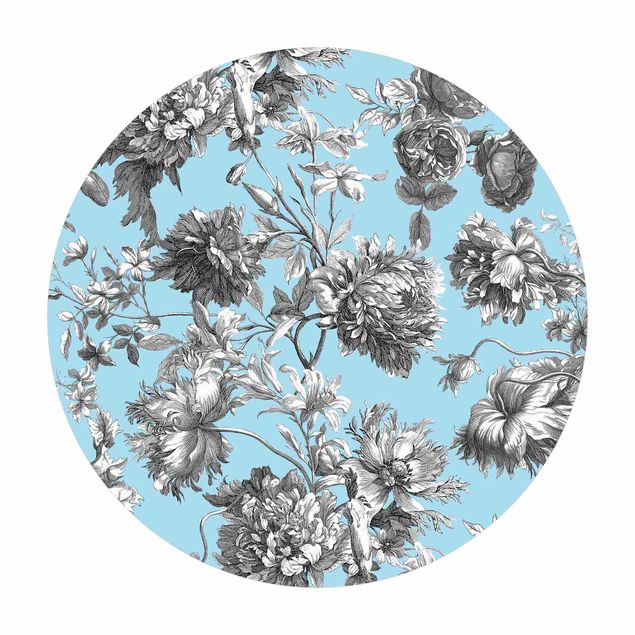 Teppich blau Floraler Kupferstich Graublau
