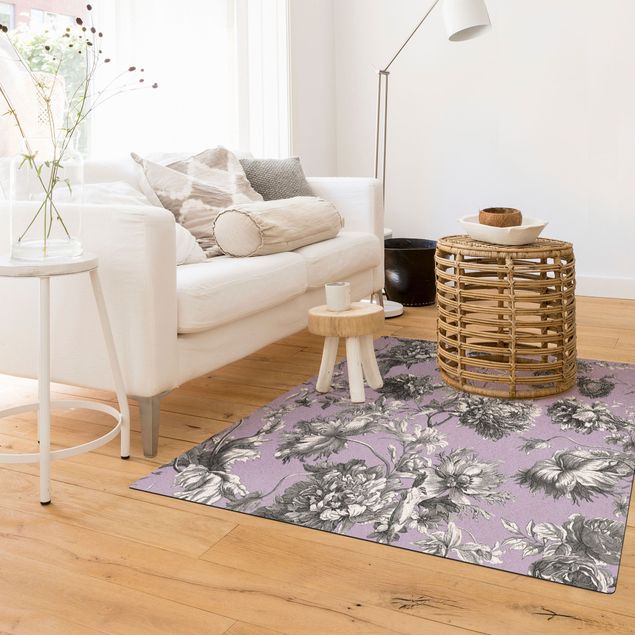 Moderne Teppiche Floraler Kupferstich Grauflieder
