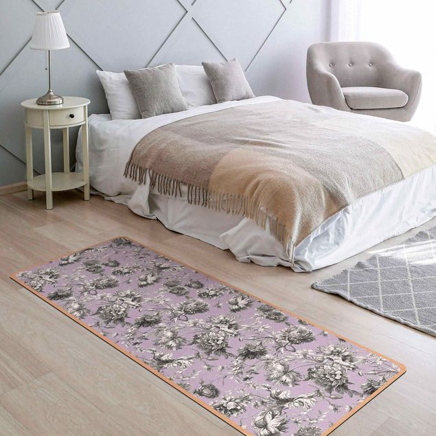 Moderne Teppiche Floraler Kupferstich Grauflieder