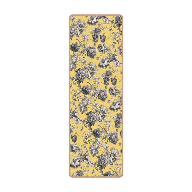 Yogamatte Kork - Floraler Kupferstich Graugelb