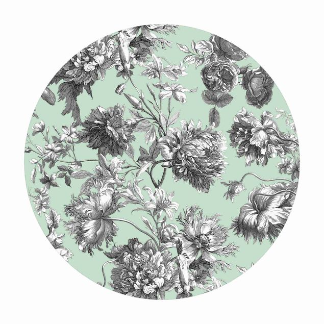 Teppich grün Floraler Kupferstich Graumint