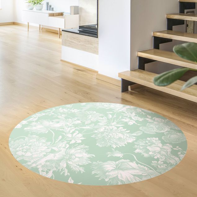 Moderner Teppich Floraler Kupferstich Weißgrün
