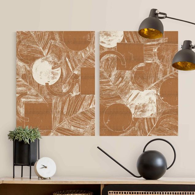 Moderne Leinwandbilder Wohnzimmer Formen und Blätter Kupfer