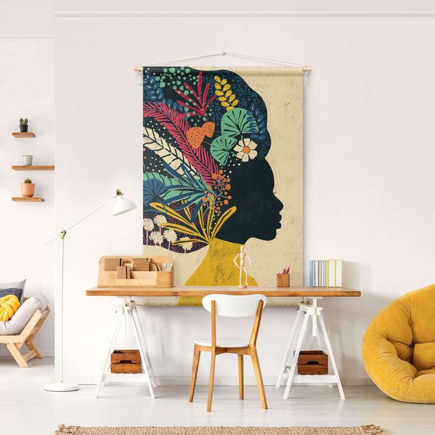 Wandteppiche Boho Frau mit Blumenafro