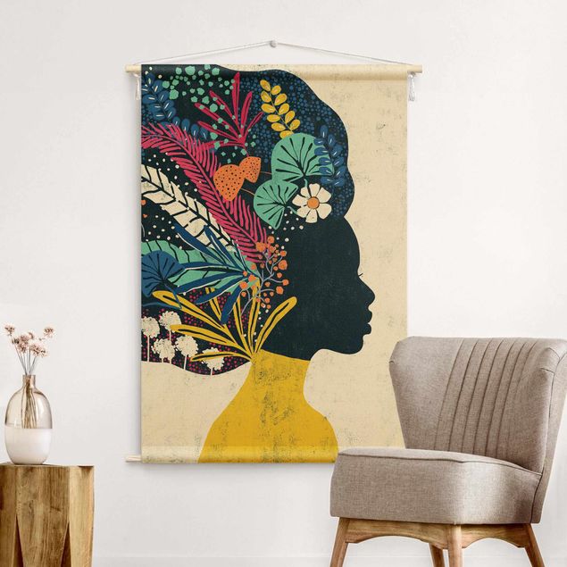 Wandbehang Stoff Frau mit Blumenafro