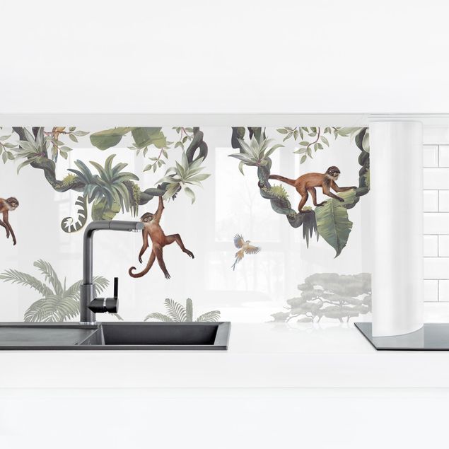 Küchenrückwand Glas Motiv Blumen Freche Affen in tropischen Kronen