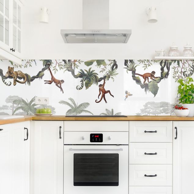 Küchenrückwand Folie Wald Freche Affen in tropischen Kronen