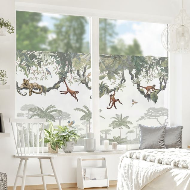 Fensterbild Wald Freche Affen in tropischen Kronen