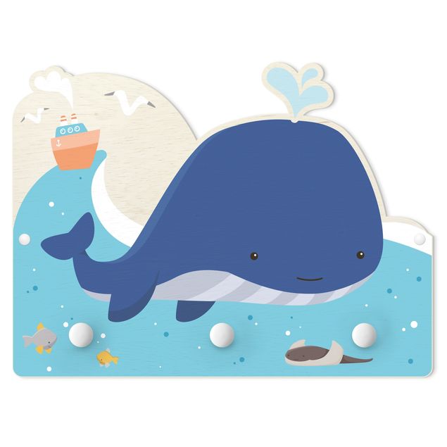 Kindergarderobe Holz - Freundlicher Wal im Meer