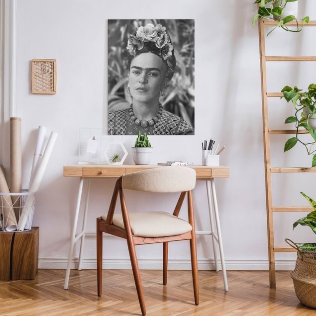 Leinwand Schwarz-Weiß Frida Kahlo Foto Portrait mit Blumenkrone
