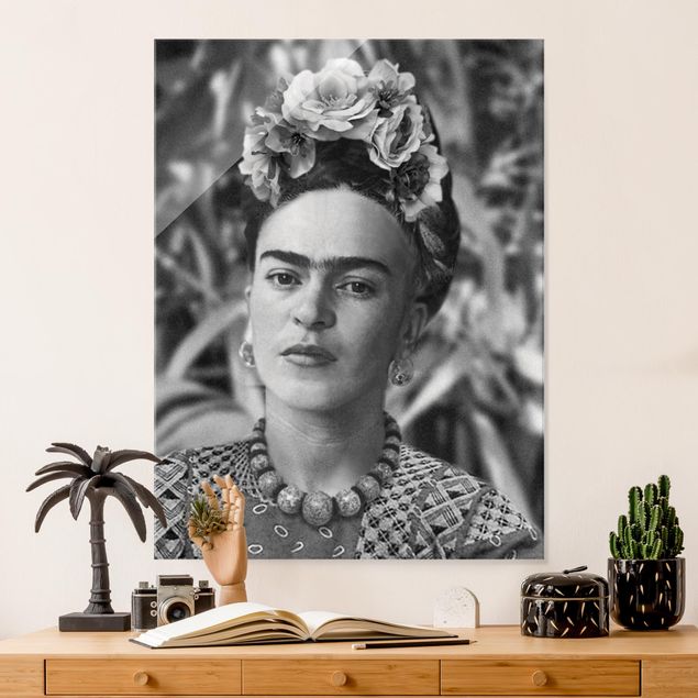 XXL Glasbilder Frida Kahlo Foto Portrait mit Blumenkrone